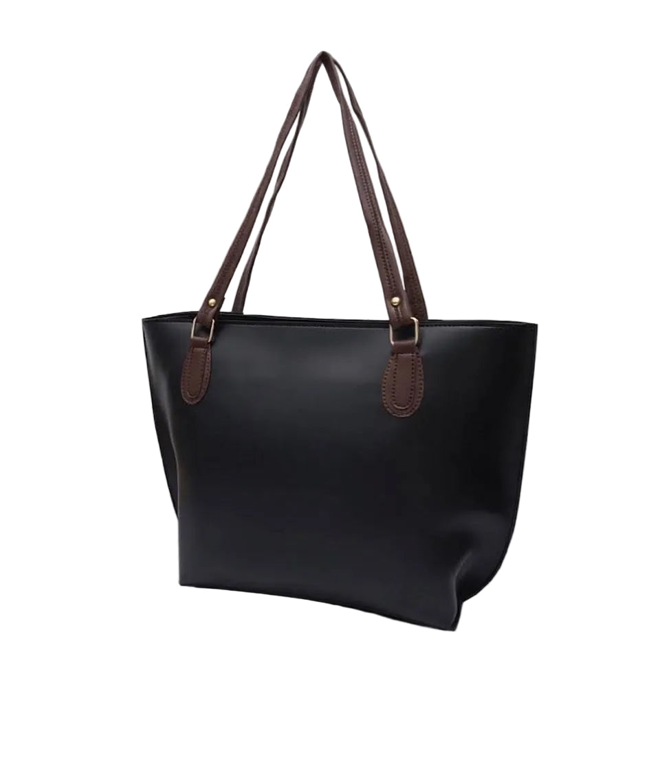 Classic Black Tote Bag with Brown Leather Straps