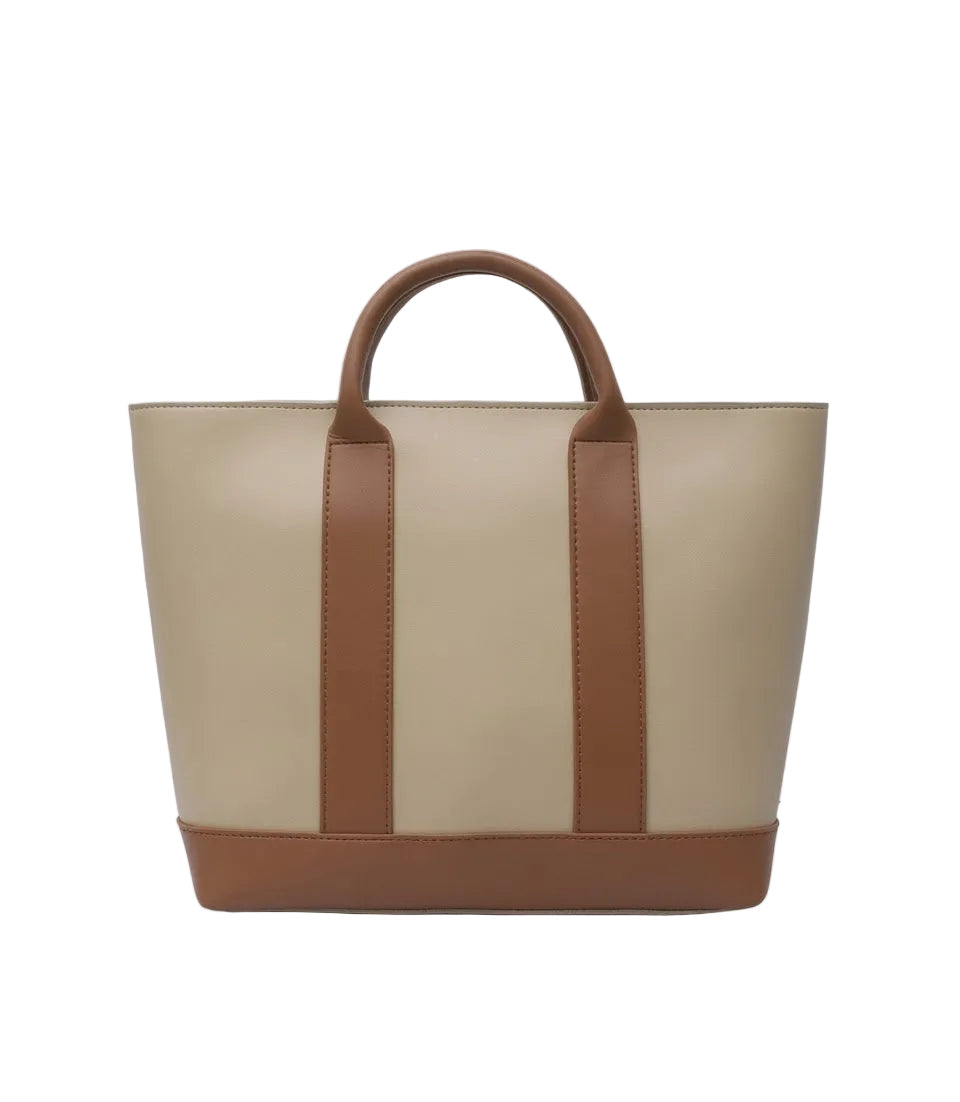 Beige & Tan Dual-Tone Structured Tote Bag