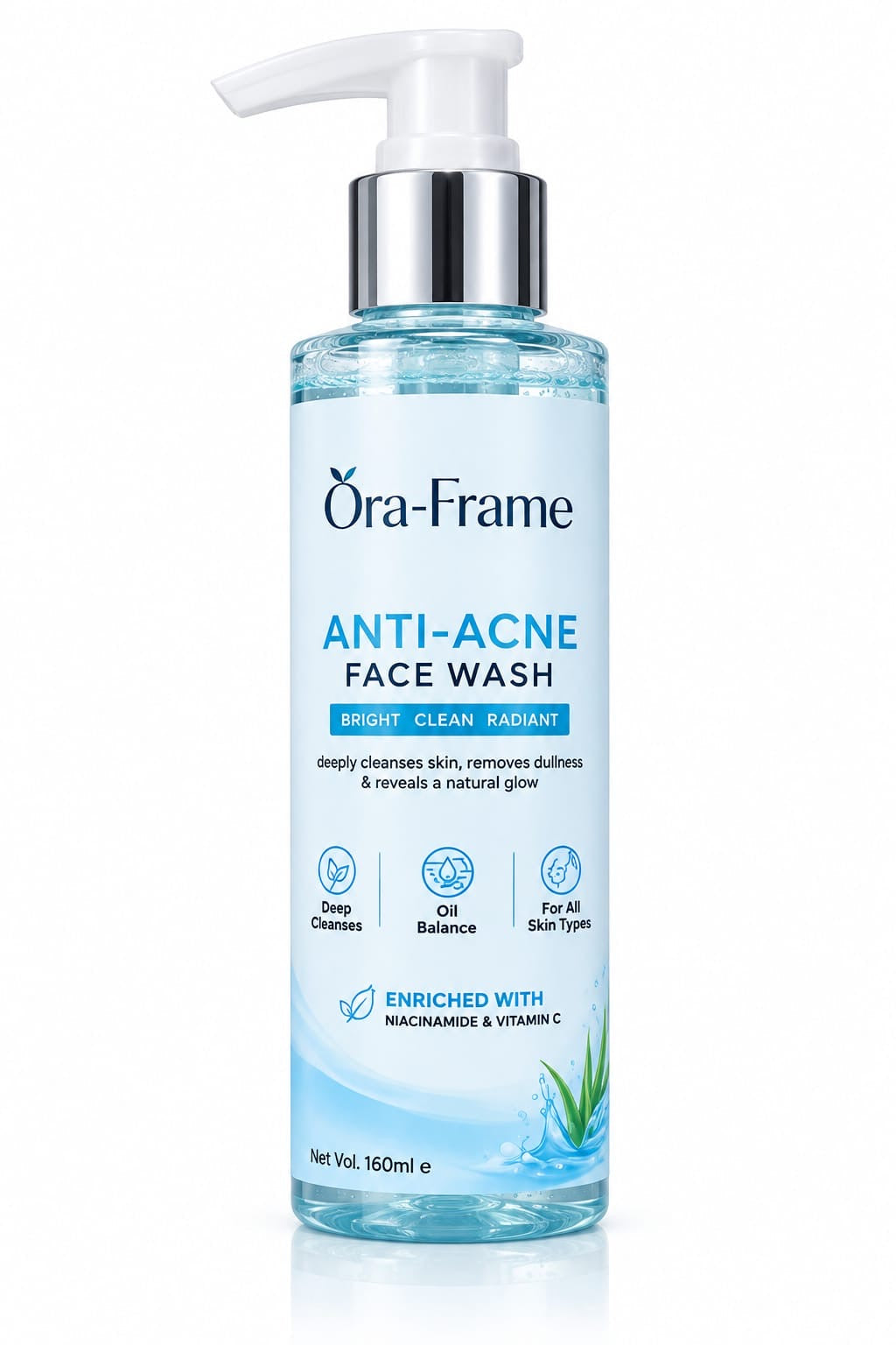 A 160ml bottle of Ora-Frame Anti-Acne Face Wash with a white pump dispenser and a silver collar, set against a clean white background.