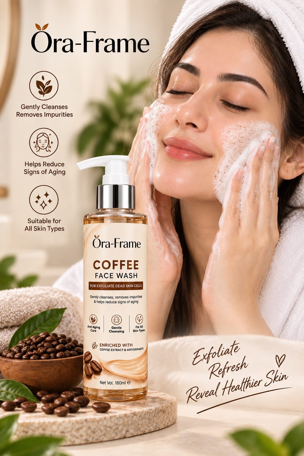 Ora-Frame Coffee Face Wash bottle shown next to a woman washing her face with foamy soap, with coffee beans and a towel in the background.