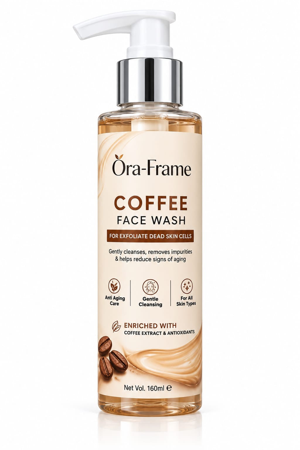 A 160ml pump bottle of Ora-Frame Coffee Face Wash, featuring a beige label with brown coffee bean graphics, a silver collar, and a white pump dispenser, set against a plain white background.