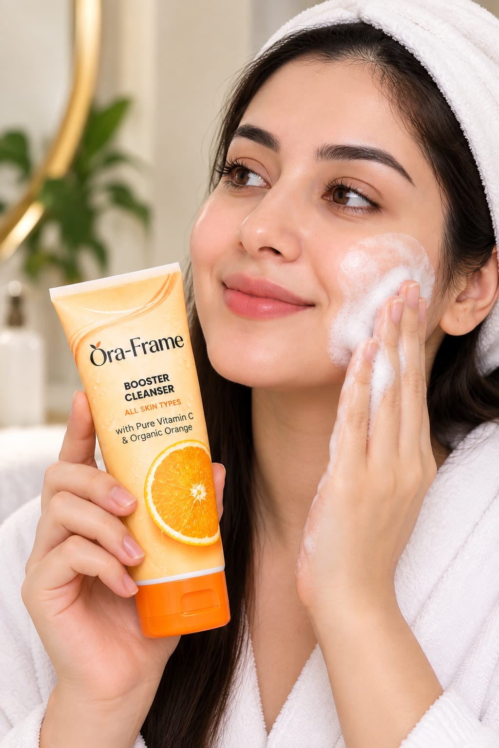 A woman in a white robe applies foaming facial cleanser to her face while holding a tube of Ora-Frame Booster Cleanser. The tube is yellow and orange with a graphic of an orange slice.
