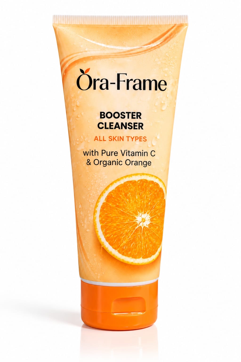 A squeeze tube of Ōra-Frame Booster Cleanser with Vitamin C and Organic Orange, featuring a bright orange and yellow gradient design with a graphic of a sliced orange on the front, set against a plain white background.