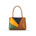 Tan colour-block structured tote bag in tan, yellow, green and navy