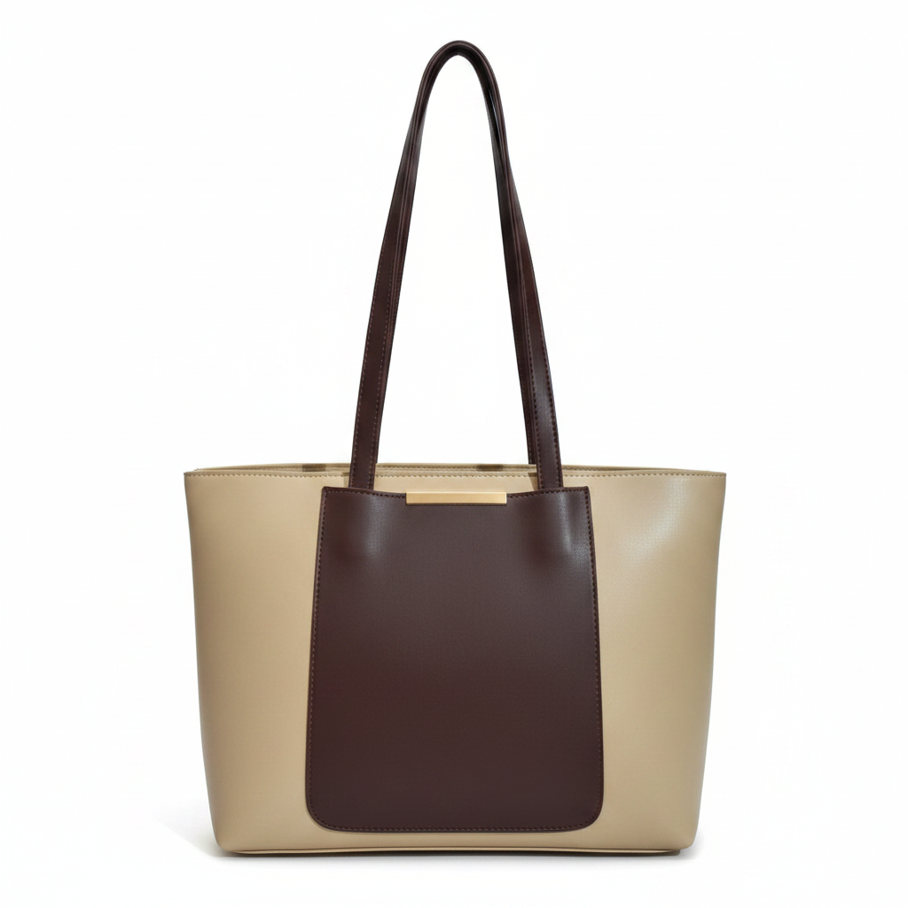 Two-tone cream and brown structured tote bag with gold hardware